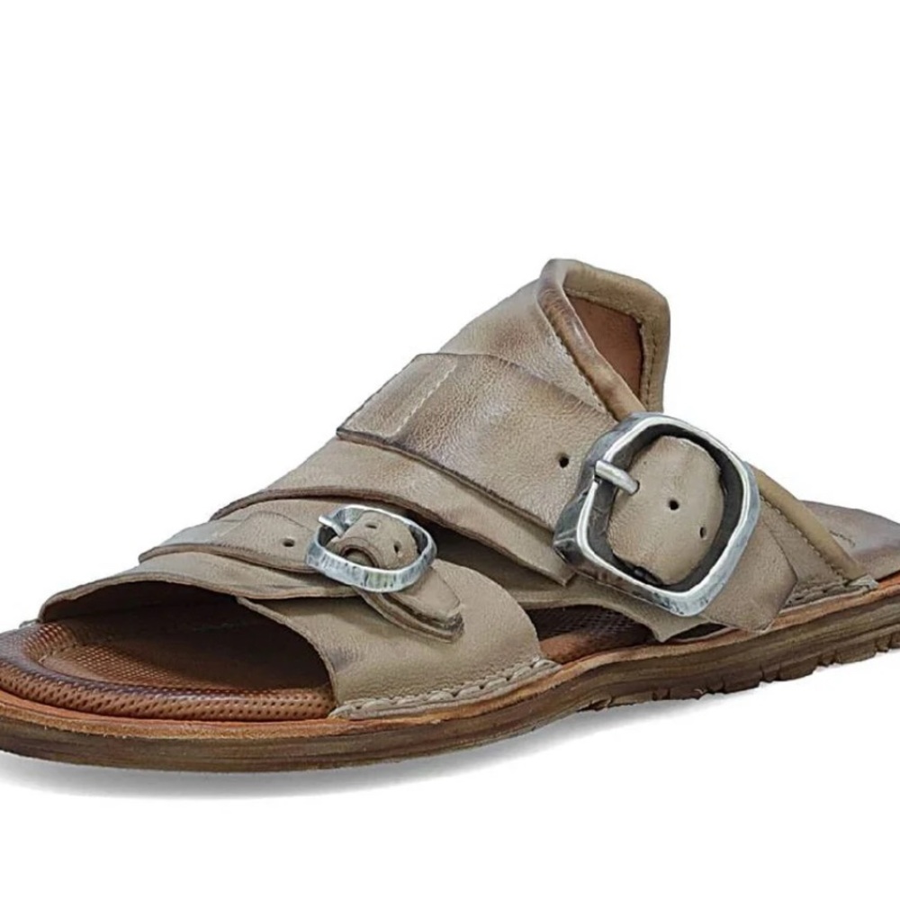 AS98 Buckle Leather Slides Distressed Taupe Sz 8 - Picture 1 of 9